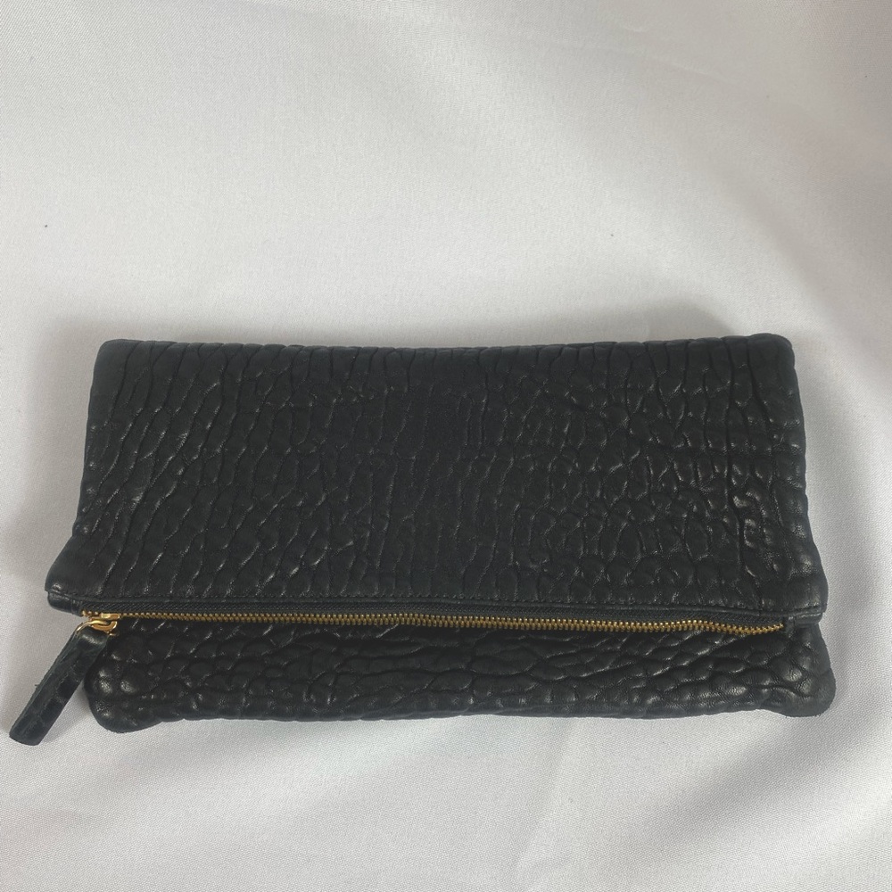 CLARE V. VIVIER Black Textured Leather Foldover Clutch Bag